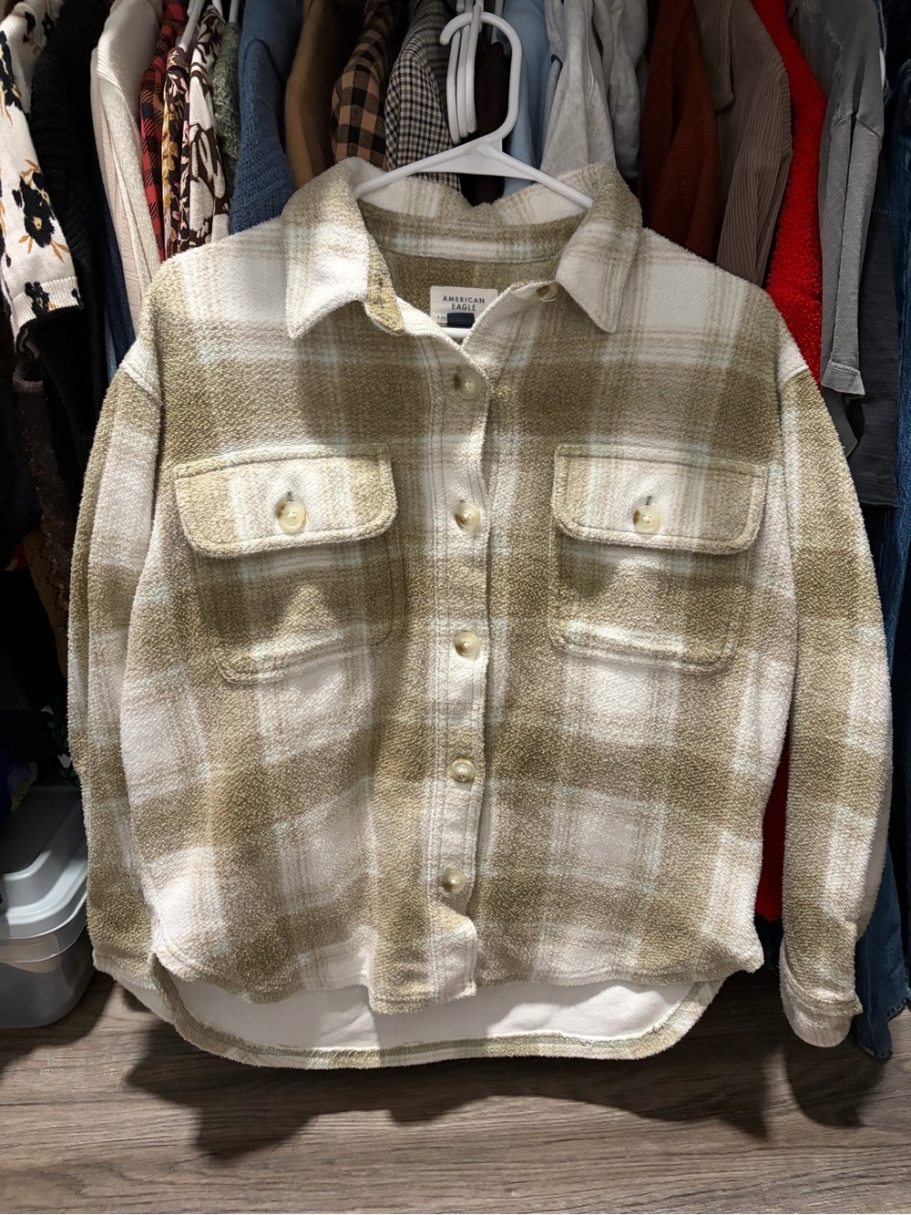 AMERICAN EAGLE | Cream & Olive Plaid Flannel Shacket
